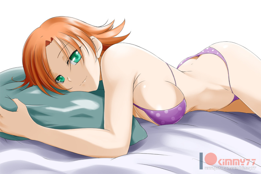 alfred_cullado aqua_eyes ass_cleavage bare_shoulders bikini breasts butt_crack closed_mouth eyebrows_visible_through_hair female large_breasts looking_at_viewer lying nora_valkyrie on_stomach orange_hair pillow pillow_hug polka_dot polka_dot_bikini purple_bikini rwby shiny shiny_hair short_hair sideboob simple_background smile solo swimsuit white_background