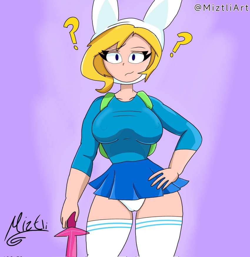 1girls adventure_time backpack bag big_ass big_breasts big_thighs blonde_hair blue_eyes bunny_ears cartoon_network clothing female female_only fionna_and_cake fionna_campbell fionna_the_human_girl headwear huge_breasts human miztliart pale_skin thick_thighs upskirt weapon