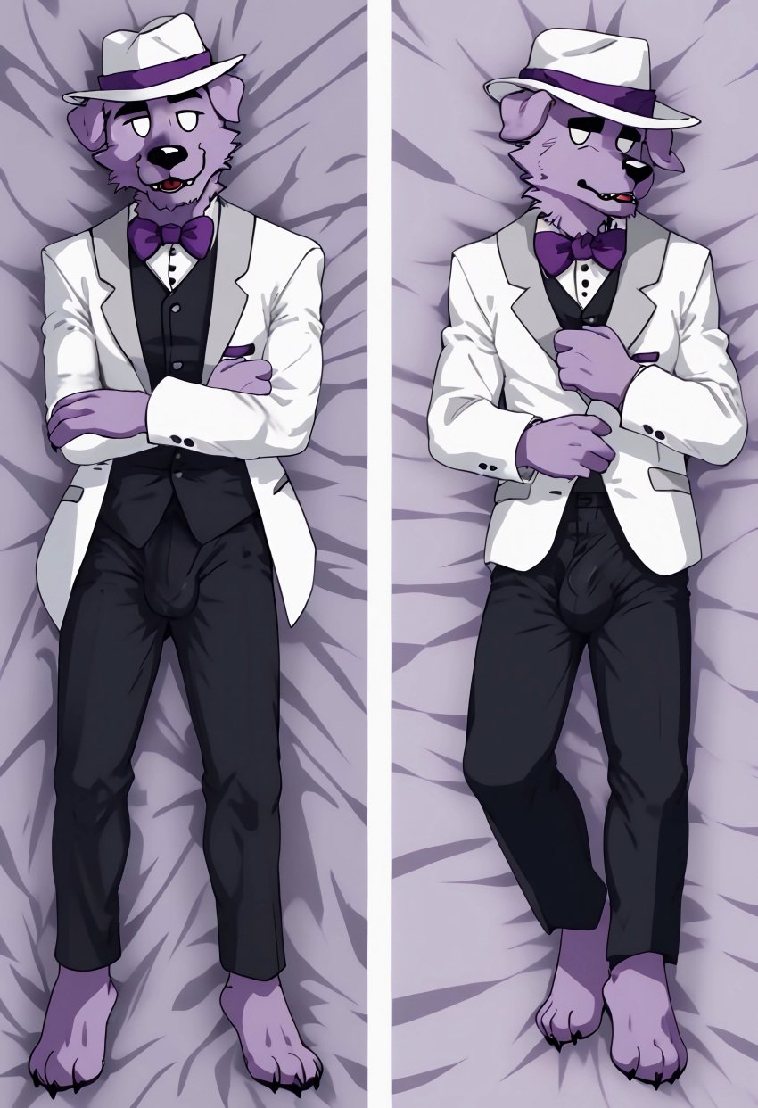 ai_generated bodypillow bulge full_body fully_clothed furry male male_only on_back on_pillow tuxedo uhyeah