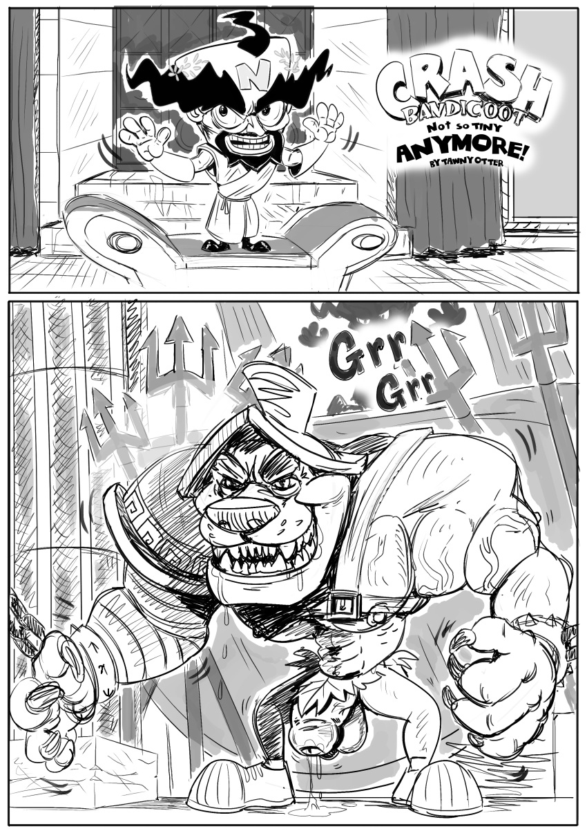 2boys balls black_and_white coliseum comic crash_(series) crash_bandicoot:_warped doctor_neo_cortex foreskin gladiator male_only monochrome muscular penis sketch tagme tawny_otter tawnyotter tiny_tiger uncut