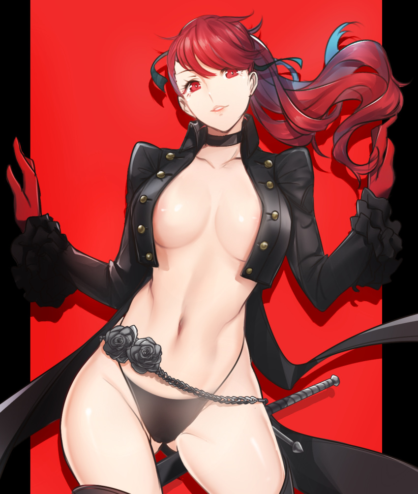 1girls areola_slip areolae ass_visible_through_thighs atlus black_border black_choker black_flower black_legwear black_rose border breasts buttons chains choker coattails cropped_jacket female female_only flower frilled_sleeves frills gloves hair_ornament hair_ribbon handwear high_ponytail high_resolution highleg highleg_panties human jacket juliet_sleeves kasumi_yoshizawa legwear lingerie long_hair long_sleeves medium_breasts megami_tensei midriff navel neckwear no_bra outerwear pale_skin panties persona persona_5 persona_5_royal phantom_thief_suit ponytail puffy_sleeves rapier red_background red_eyes red_gloves red_hair ribbon rose scabbard sega shadow shrug smile solo sumire_yoshizawa sword thighhighs tied_hair tusia two-tone_background underwear weapon