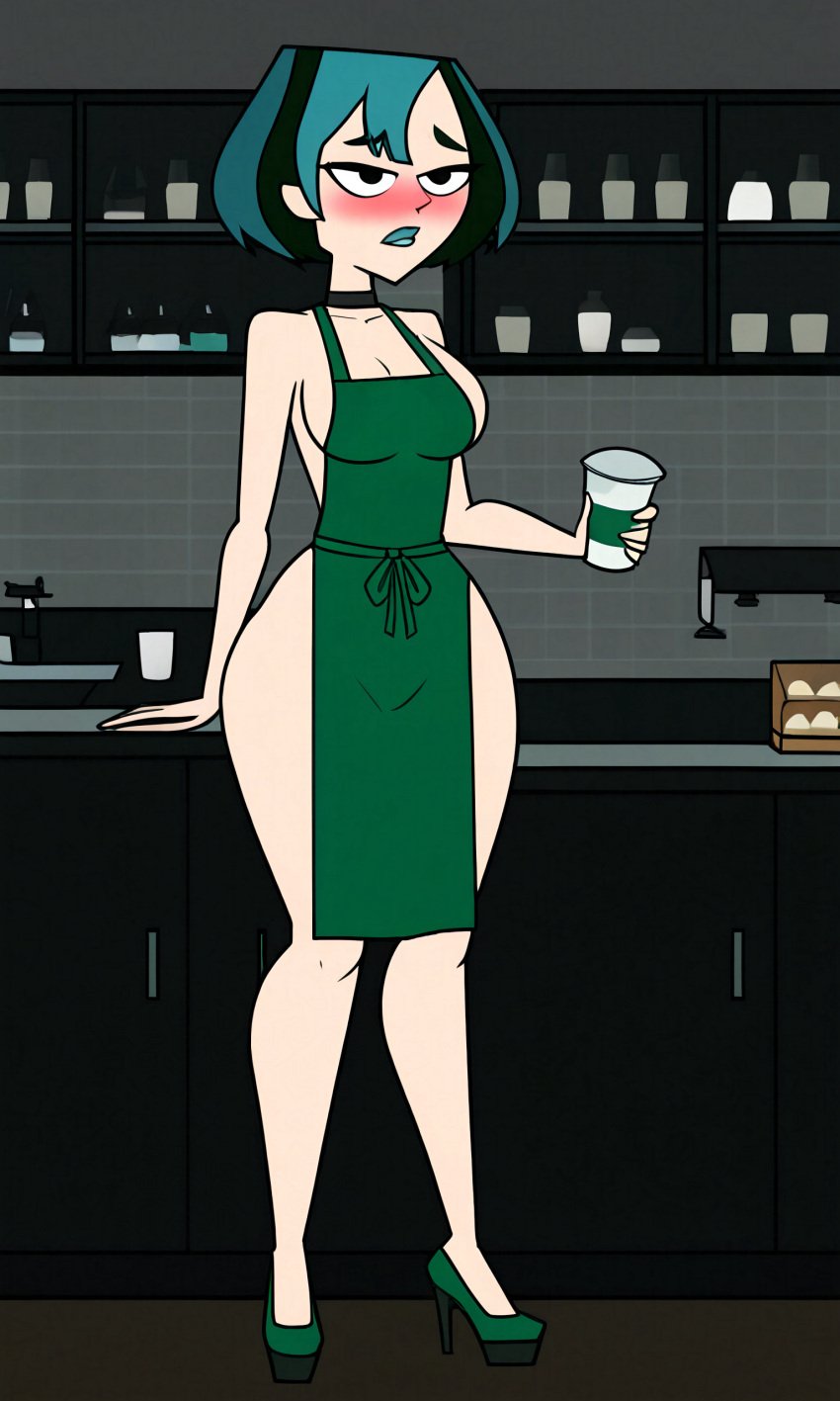 ai_generated apron black_eyes blush goth_girl gwen_(tdi) holding_object naked_apron no_pants starbucks total_drama_island zlendyvr34