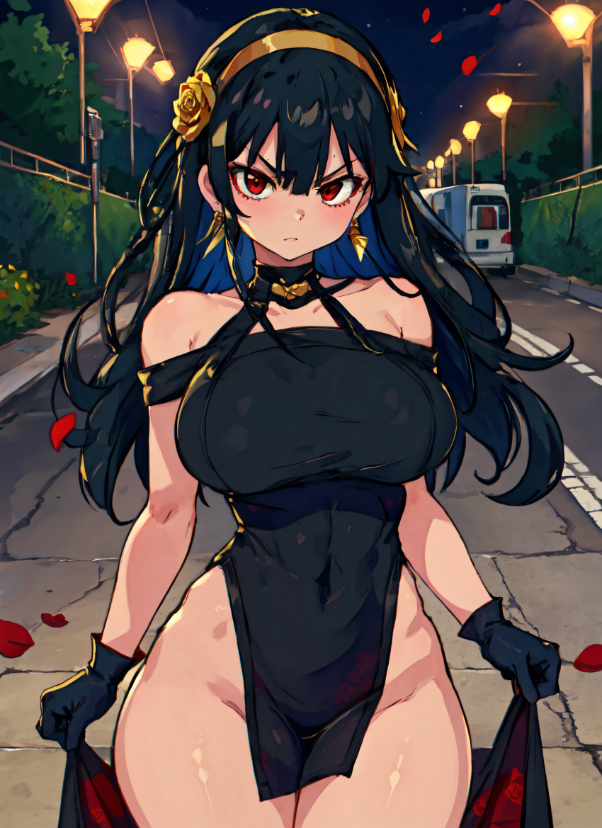 1girls adorable ai_generated bare_shoulders belly_button belly_button_visible_through_clothing big_breasts black_hair black_leotard choker cute dress dress_lift earrings gloves hairband hi_res hip_dips kawaii large_breasts leotard mabi_ai off_shoulder pelvic_curtain pussy_visible_through_clothes red_eyes spy_x_family thick_thighs thin_waist thorn_princess wide_hips yor_briar yor_forger young