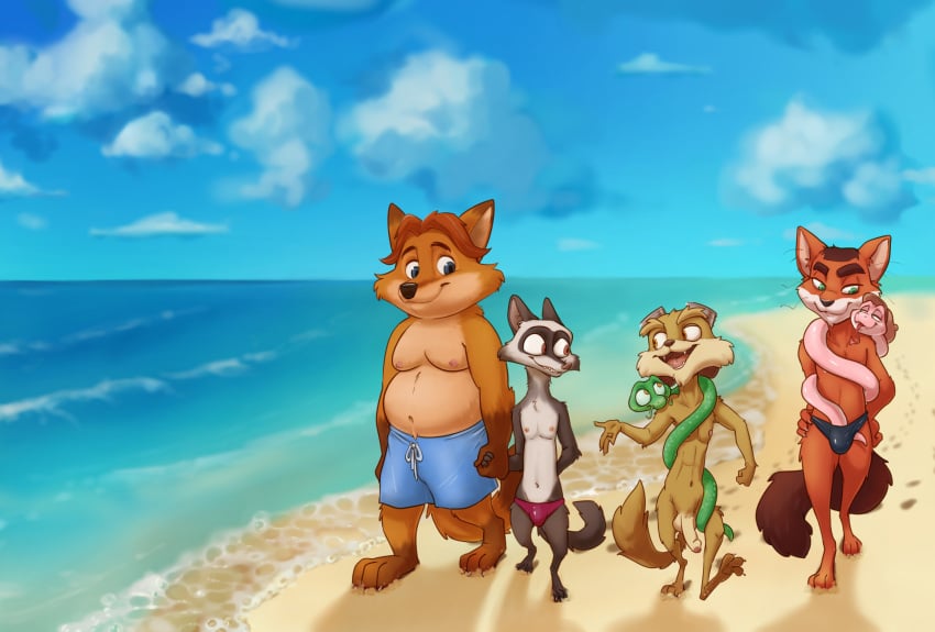 4pcsset anthro balls beach bo_(evanskvrl) canid canine clothing disney domestic_cat domestic_ferret felid feline felis fox genitals gideon_grey hand_holding hi_res humanoid_genitalia humanoid_penis jim_(spycies) male malik_(spycies) mammal mustelid musteline nude outside penis reptile scalie snake speedo spycies swimming_trunks swimwear travis_(zootopia) true_musteline weasel zootopia