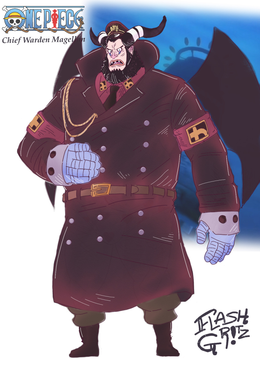 anime beast big_belly big_hands black_hair black_nails chief_warden_magellan flashgritz full_body fully_clothed horns magellan male male_only monkey one_piece pointy_ears prison prison_clothes prison_guard_position prison_uniform prison_warden sharp_teeth taller_male