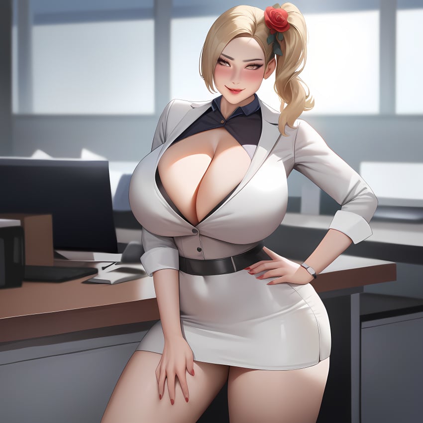 ai_generated belt blonde_hair business_suit cleavage cleavage_cutout cowboy_shot curvy_female fit_female flower_in_hair hair_flower hourglass_figure huge_breasts light-skinned_female lipstick miniskirt office_lady original_character pose realistic red_flower red_lipstick rose_(flower) side_ponytail slender_waist smile smiling smiling_at_viewer white_outfit