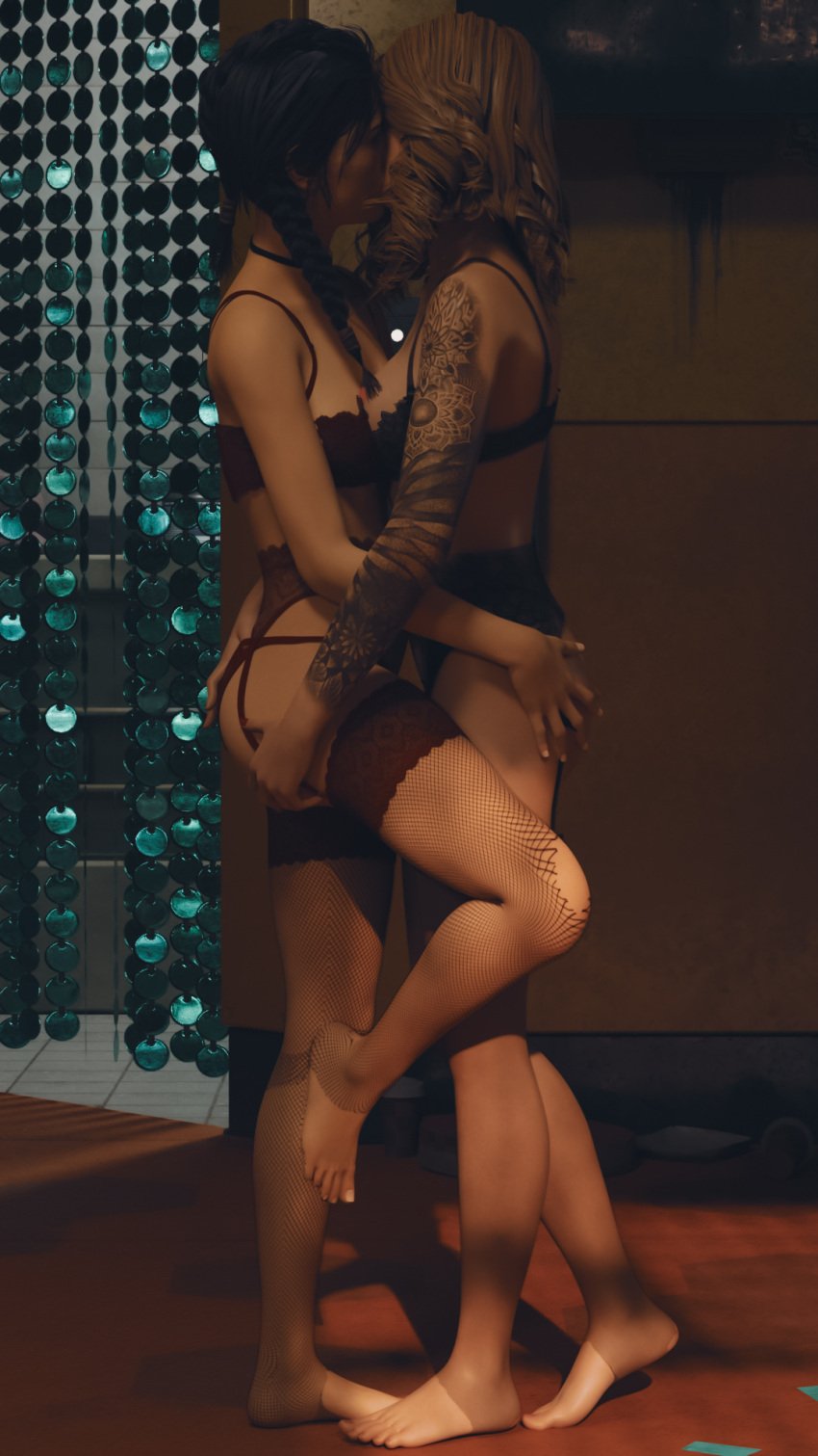 2girls 3d dbd dead_by_daylight female female_only kate_denson kissing lingerie meg_thomas miamimiski yuri