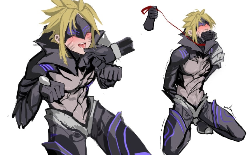 2boys abs armor arms_behind_back begging black_armor black_gloves black_mask blonde_hair blush chinese_commentary cloud_strife cloud_strife_(bahamut_garb) collar disembodied_hand eye_mask facial_mark final_fantasy final_fantasy_vii final_fantasy_vii_ever_crisis gloves hand_on_another's_chin hand_up heavy_breathing highres holding holding_leash kneeling leash low-cut male_focus male_pubic_hair multiple_boys official_alternate_costume open_mouth parted_lips pet_play popped_collar pubic_hair red_collar red_leash saliva see-through sephiroth shaking short_hair shoulder_armor single_shoulder_pad spiked_hair spread_legs steam sweat toned toned_male tongue tongue_out white_background yaoi zz_(lanbai34846959)