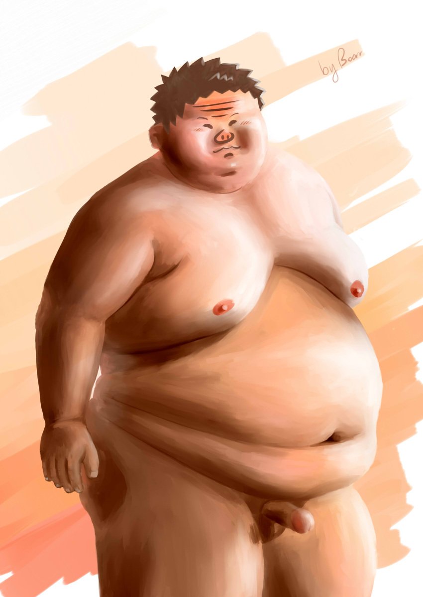 1boy balls bear_(artist) belly big_belly brown_hair fat fat_belly fat_man human kiyoshi_tanaka male male_only moobs nipples notari_matsutarou nude nude_male obese obese_male overweight overweight_male small_penis solo tagme