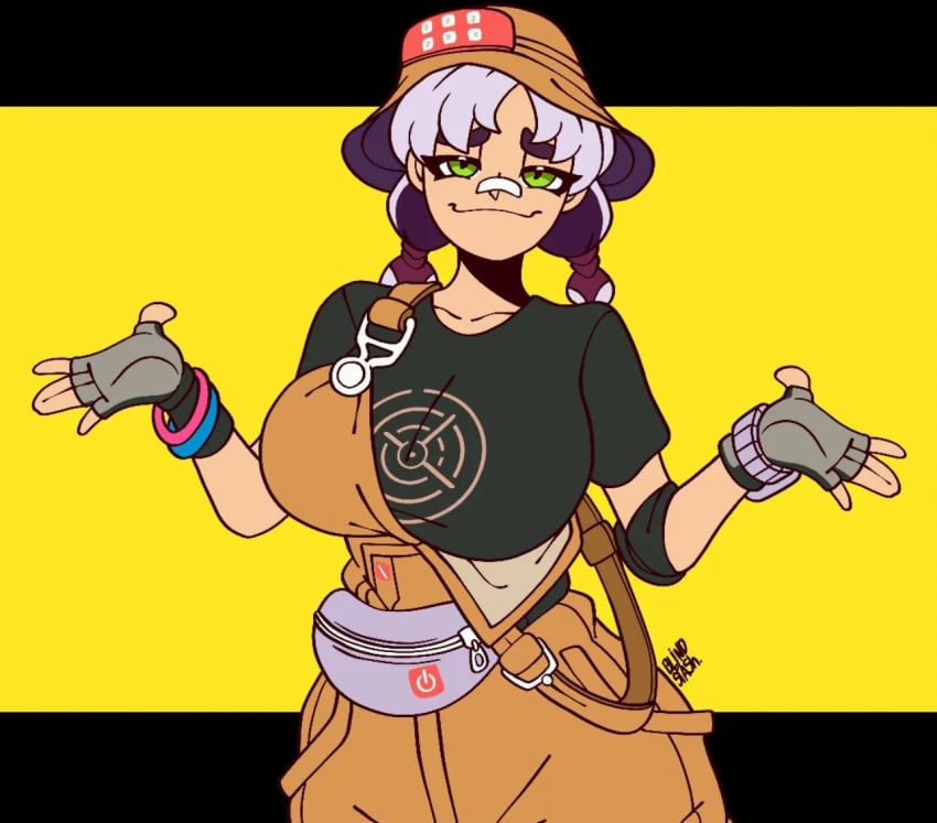 bandaid big_breasts bucket_hat drawing fanny_pack fortnite fortnite:_battle_royale fully_clothed green_eyes huge_breasts jjackdemoi mae_(fortnite) overalls purple_hair smug