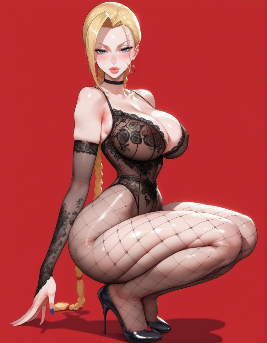 1girls ai_generated big_ass blonde_hair blue_eyes braided_hair braided_ponytail cammy_white fishnets high_heels huge_ass icy_blue_eyes kneeling large_breasts lewdwaifulaifu long_hair slim_waist street_fighter thick_thighs wide_hips