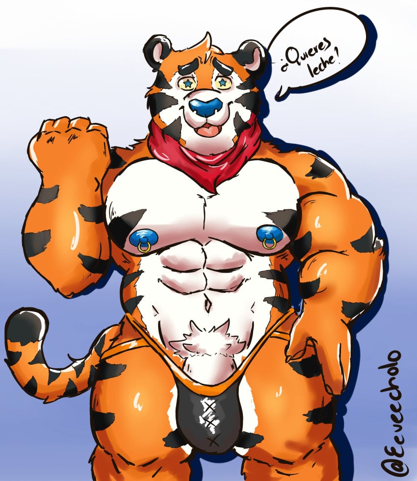 1boy 2021 absurd_res anthro black_body black_fur blue_nose eeveecholo felid frosted_flakes fur furry genitals hi_res humanoid_hands kellogg's male male_only mammal mascot muscular muscular_anthro muscular_male nipples orange_body orange_fur pantherine penis pubes solo spanish_text text tiger tony_the_tiger white_body white_fur