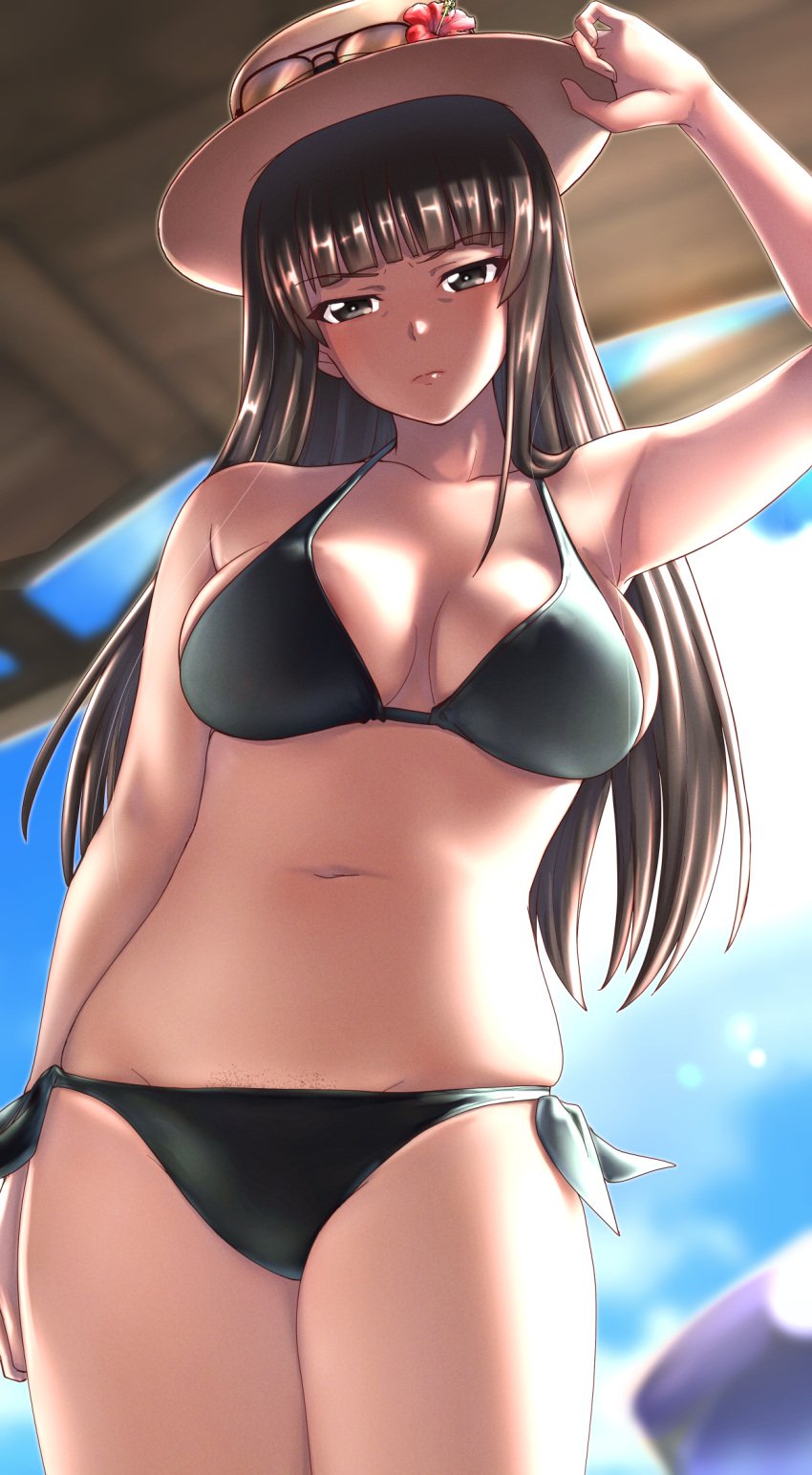 armpits bikini black_eyes breasts brown_hair day eyewear_on_headwear female flower frown girls_und_panzer halterneck kobamiso_(kobalt) large_breasts long_hair looking_at_viewer mature_female navel nishizumi_shiho outdoors sky solo swimsuit