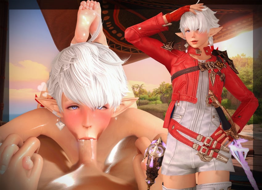 :>= alisaie_leveilleur blowjob blowjob_face blush censored_penis clothed earrings elezen feet_up final_fantasy_xiv handholding miamira774 nude pov short_hair white_hair