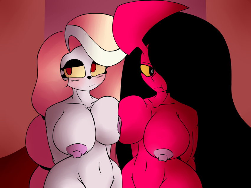 2girls bettysantana big_breasts big_breasts big_hair breasts breasts charlie_morningstar_(hazbin_hotel) demon_girl female_demon full_nude hazbin_hotel nipples nude nude_female red_body white_body yellow_eyes yellow_hair