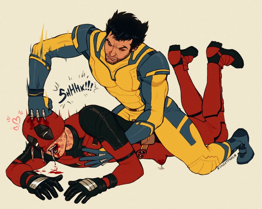 2boys bara bleeding blood bulge claws deadpool deadpool_&_wolverine_(2024) erection_under_clothes fully_clothed gay guro heart leaking_precum logan_(x-men) male male_only marvel marvel_comics on_stomach ren_valentine scar superhero_costume violence wade_wilson wolverine_(x-men) x-men yaoi