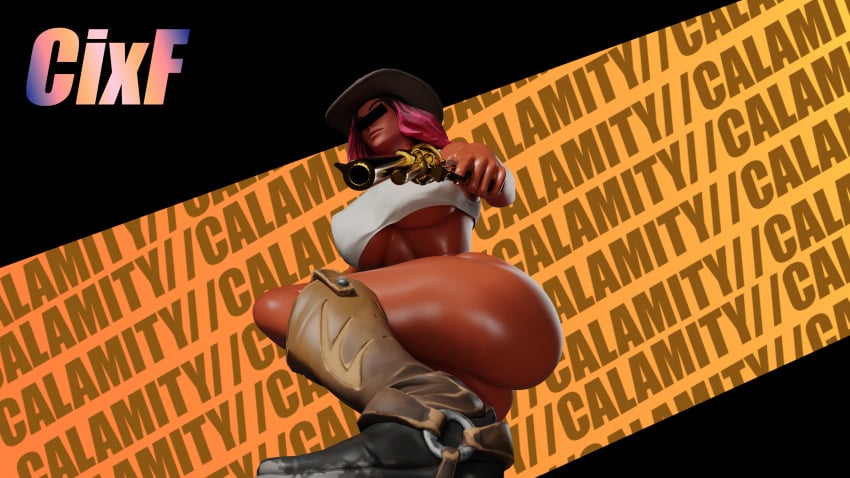 3d big_breasts calamity_(fortnite) censored_eyes cixf fortnite fortnite:_battle_royale gun holding_gun smile tank_top thick_thighs