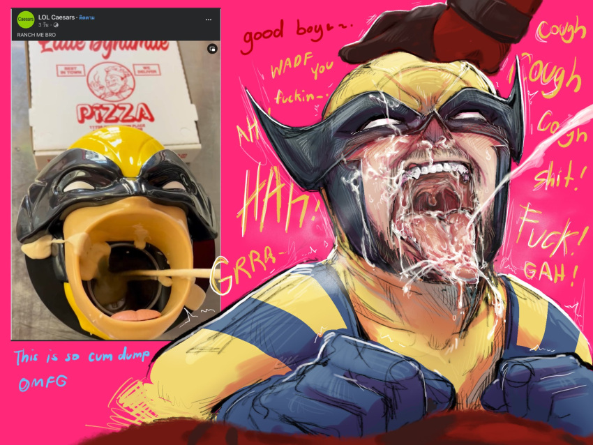 2boys after_fellatio baimonbluewhale blowjob_handles blush coughing_cum cum cum_in_mouth deadpool deadpool_&_wolverine_(2024) ejaculation english_text gay gloves male male/male marvel marvel_comics mask open_mouth superhero_costume teeth tongue_out wolverine_(x-men) x-men yaoi