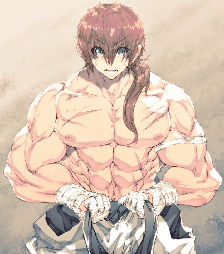 abs ambush_(trap) androgynous blue_eyes brown_hair femboy jin-jin looking_at_viewer male male_only muscles muscular muscular_femboy muscular_male muscular_trap navel nipples pecs ponytail scar solo trap