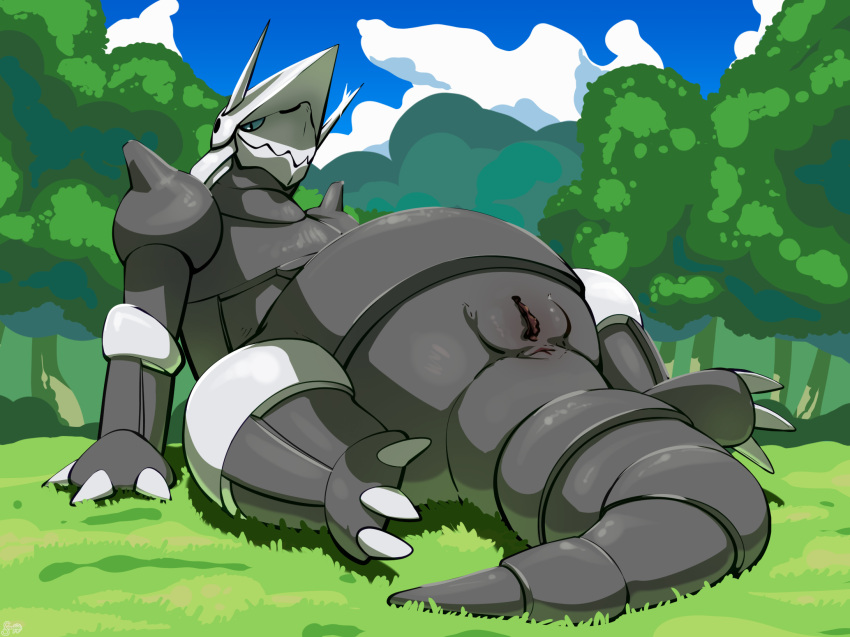 3_fingers 3_toes aggron anthro anus blue_eyes bodily_fluids claws cloud feet female fingers fizzpop generation_3_pokemon genitals grass hi_res horn jagged_mouth looking_at_viewer lying nintendo nude on_back outside plant pokemon pokemon_(species) pussy smile solo spread_legs spreading tail toes tree