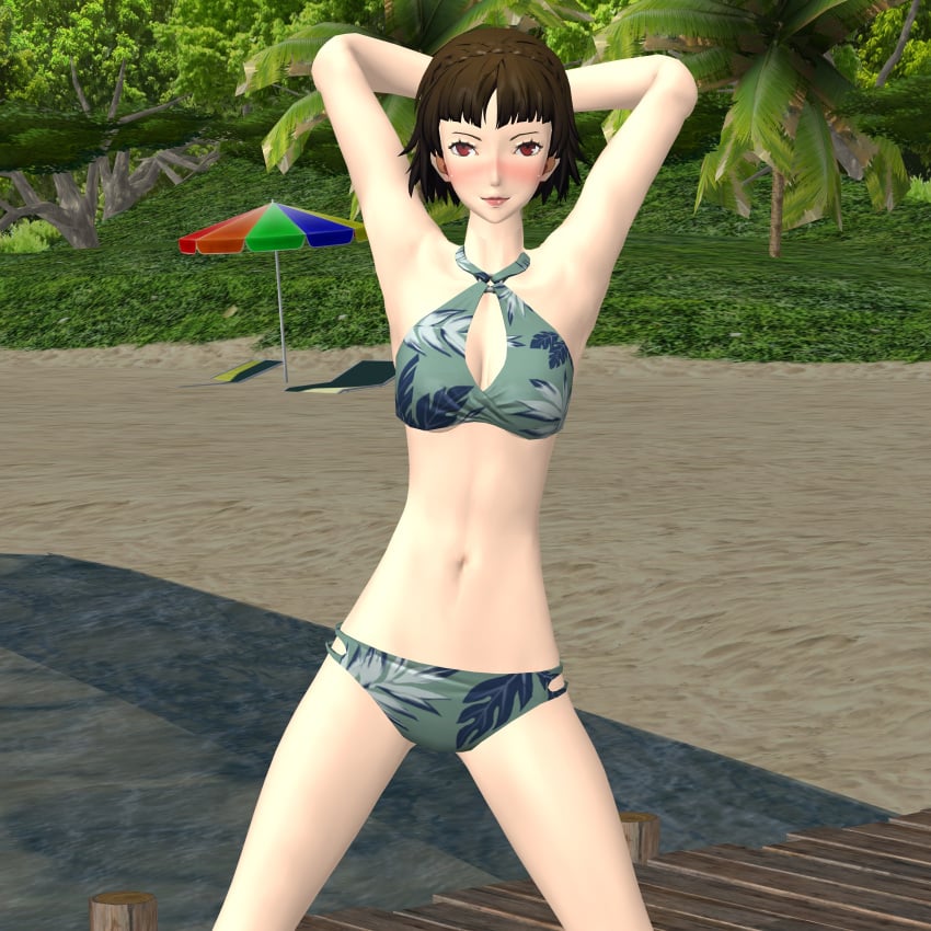 1girls atlus beach blush makoto_niijima ofugh outdoors persona persona_5 swimsuit xnalara