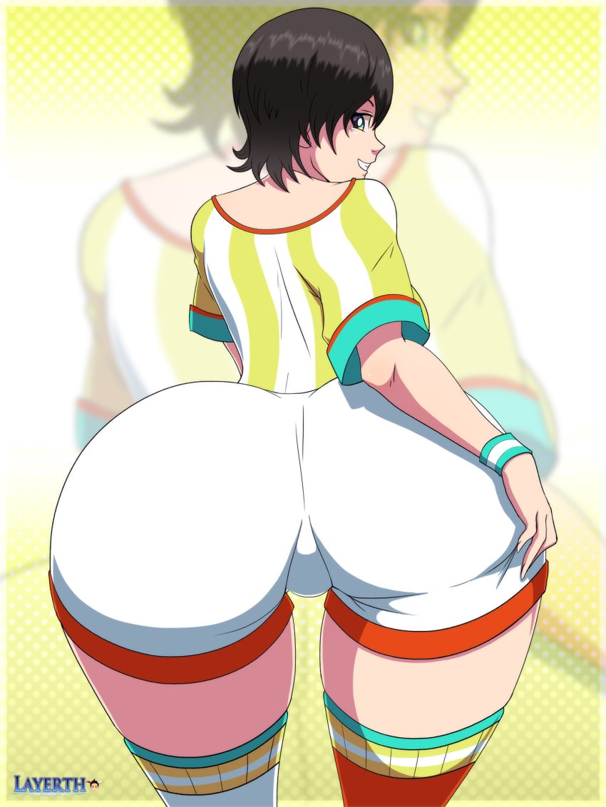 1girls ass ass_focus ass_grab big_ass black_hair blue_eyes breasts female female_focus female_only highres hololive hololive_japan huge_ass layerth light-skinned_female light_skin looking_back naughty_face oozora_subaru pussy short_hair shorts sideboob smile stockings striped_shirt t-shirt virtual_youtuber watermark