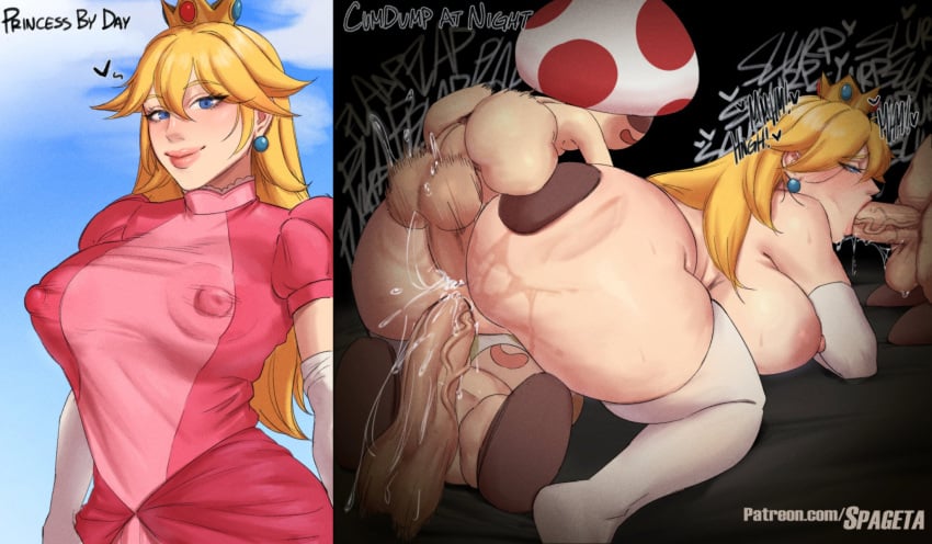 1girls 3boys blonde_hair human human_female humanoid interspecies light-skinned_female light_skin mario_(series) mushroom_humanoid princess_peach spageta super_mario_bros. toad_(mario) triple_penetration vaginal