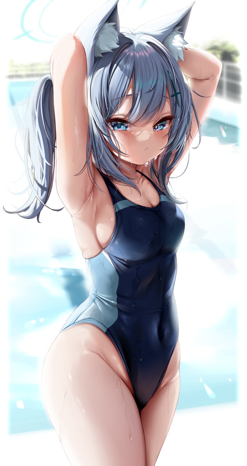 1female 1girl 1girls absurd_res absurdres armpits arms_behind_head blue_archive blue_eyes blue_swimsuit cat_ears clothed halo hi_res highres kokuto_(kurousagi1210) large_breasts shiroko_(blue_archive) shiroko_(swimsuit)_(blue_archive) sideboob swimsuit thick_thighs white_hair