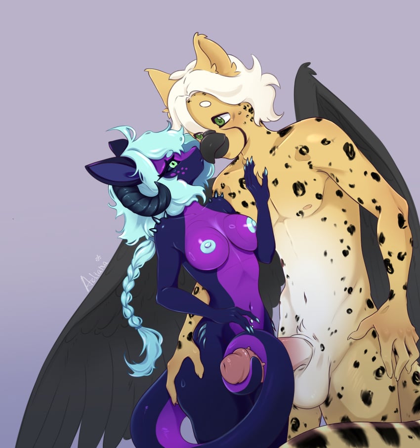 absurd_res aeliana_(artist) alternate_version_at_source anthro areola avian balls big_penis birbit bird black_body black_feathers black_sclera black_wings blue_areola blue_hair blue_nipples blush braided_hair braided_ponytail cefi_(mavis_delcat) cheetah claws curled_horn dragon duo feathered_wings feathers felid feline female freckled_face freckles fur genitals grackle green_eyes hair hand_on_butt hand_on_chest hi_res horn hybrid icterid kissing_beak long_hair mahlci_gemhorn malachite_(mineral) male male/female mammal markings mythological_creature mythological_scalie mythology navel nipples non-mammal_breasts oscine passerine penis ponytail purple_underbelly scalie sex short_hair spikes spikes_(anatomy) spots spotted_body spotted_fur standing standing_sex striped_markings striped_tail stripes tail tail_around_penis tail_fetish tail_markings tail_play tail_sex tailjob white_body white_fur white_hair wingless_dragon wings yellow_body yellow_fur