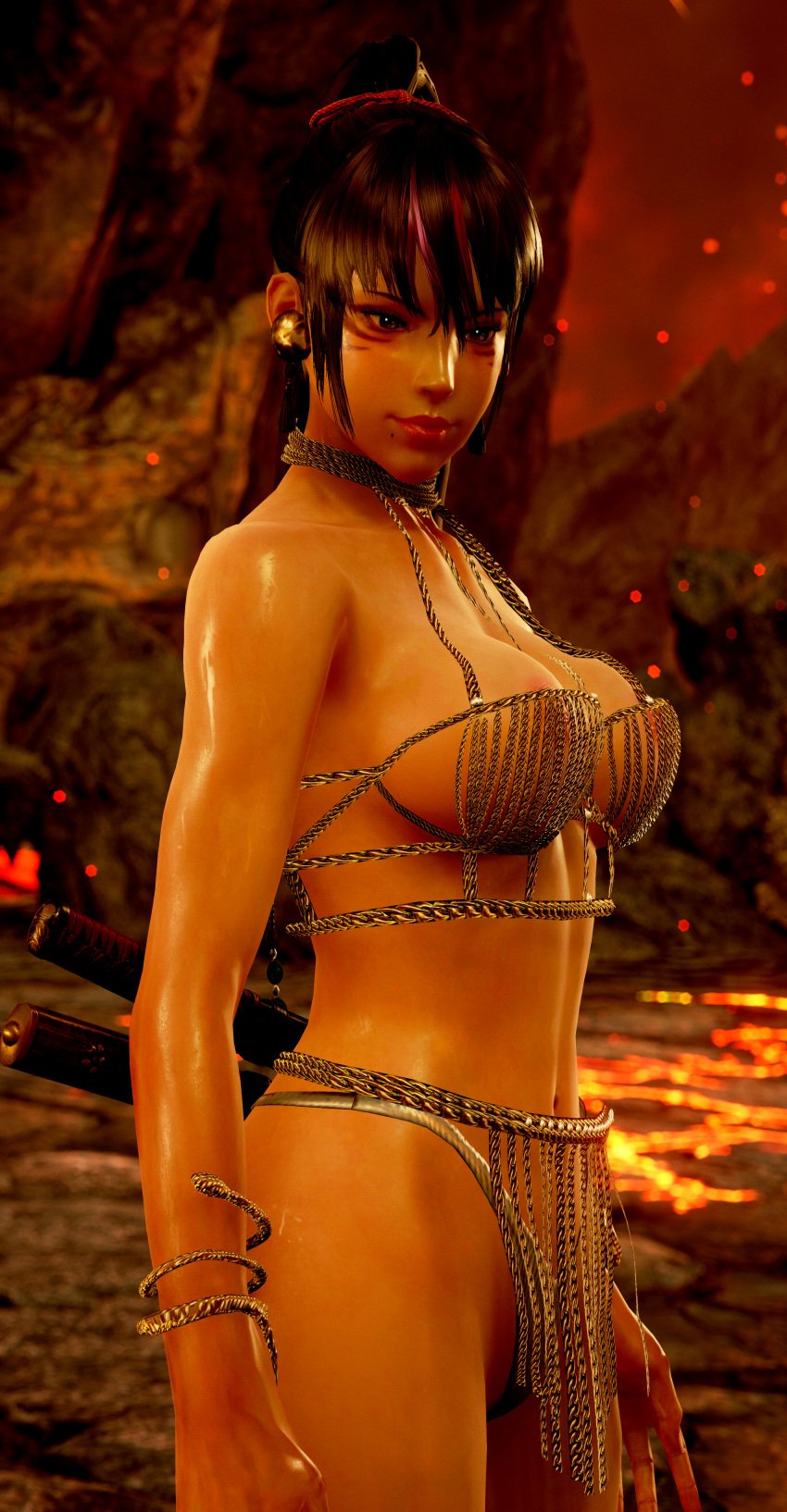 1girls anaconda_outfit athletic_female bare_legs big_breasts black_and_red_and_purple_hair devil's_pit fit_female kitsune_marks kunimitsu_ii kunoichi lavender_eyes mod namco see_through solo tekken volcano