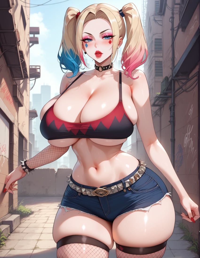 1girls ai_generated blonde_hair clown_makeup crop_top dc dc_comics dyed_hair fishnets harley_quinn highlights_(coloring) huge_breasts jean_shorts lewdwaifulaifu lipstick looking_at_viewer makeup sideboob slim_waist thick_thighs thighhighs thighs twintails underboob