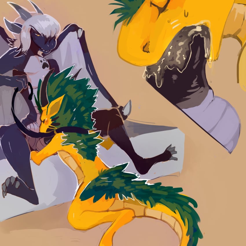 2018 amber_eyes anthro anthro_on_anthro balls bed black_highlights black_markings black_penis black_scales blush chest_markings claws closed_eyes collar dragon drooling duo erection fellatio fiddlecase fur galeron green_fur grey_scales grey_wings hair half-closed_eyes hi_res highlights holding_leash holding_object horn inside kneeling leash male markings membranous_wings nude oral oral_penetration penetration penis saliva scales scalie sex sitting smile spread_legs spreading teeth toha_a'nassura white_hair white_scales wing_claws wings yaoi yellow_scales