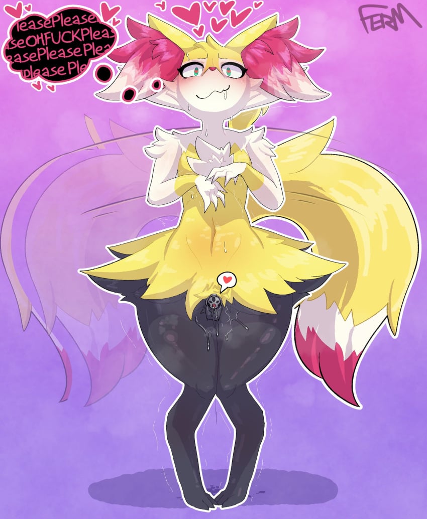 anthro blush braixen chastity_cage chastity_cage_only chastity_device chastity_device_only chest_tuft desperation femboy fermusieboir4 generation_6_pokemon grey_(dgbraixen) heart_eyes heart_symbol hi_res male nintendo nude pokemon pokemon_(species) solo tail tail_motion tailwag teapot_(body_type) thick_thighs thought_bubble tuft wide_hips