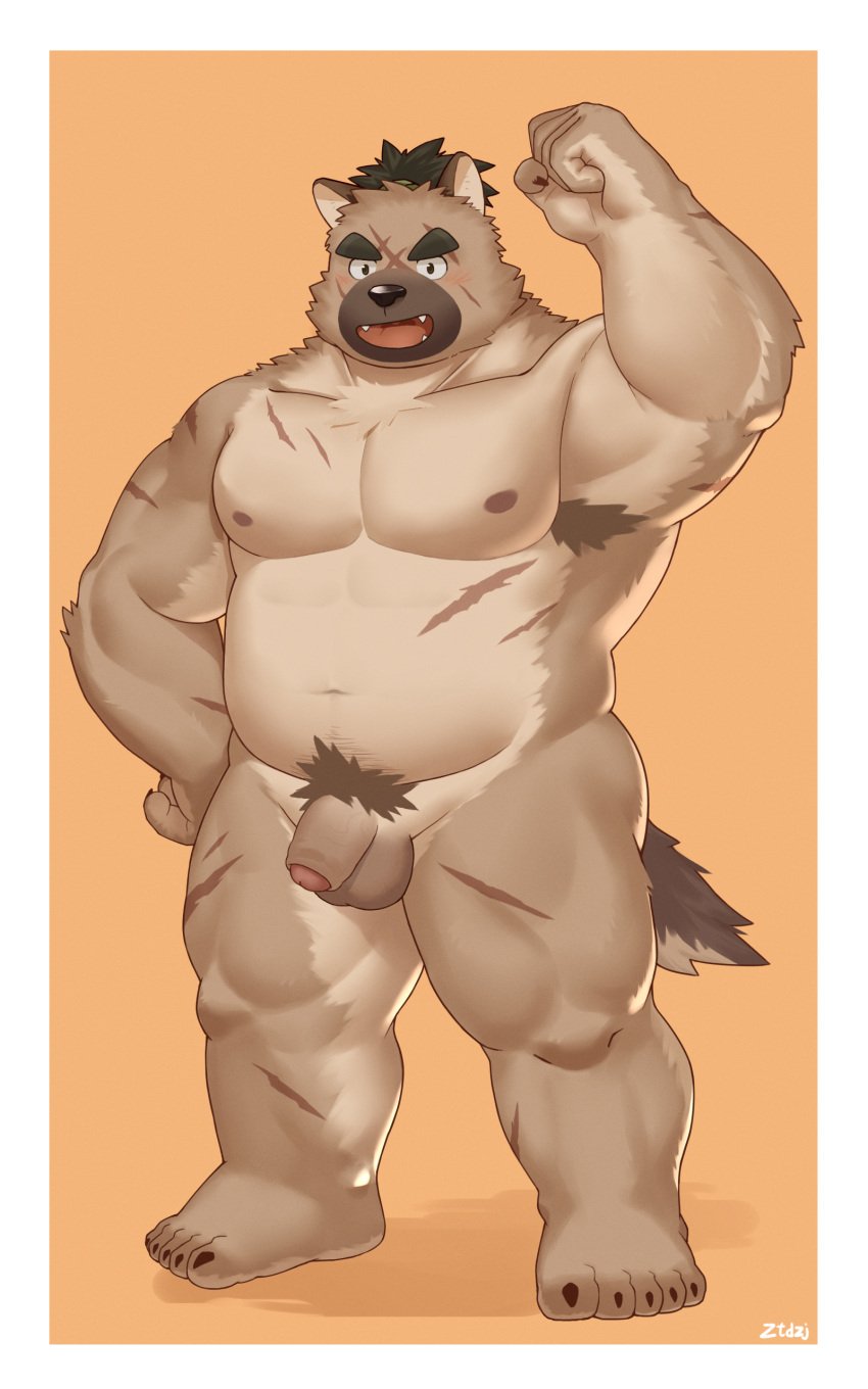 absurd_res anthro balls belly brown_body brown_fur canid canine canis domestic_dog eyebrows facial_scar flaccid foreskin fur genitals hi_res lifewonders male mammal musclegut muscular nude penis scar smile solo thick_eyebrows tokyo_afterschool_summoners yasuyori_(tas) ztdzj