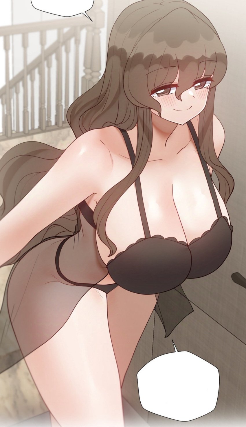 armpits ass_visible_through_thighs bare_arms bare_belly bare_legs bare_shoulders bare_thighs belly_button black_bra black_panties black_underwear blush bra breasts brown_eyes brown_hair choi_taeyoung cleavage closed_mouth collarbone huge_breasts learning_the_hard_way long_hair manhwa mature_female milf mole mole_under_eye nightgown panties pornhwa shiny_skin sideboob smile thighs underwear webtoon yejin's_mother