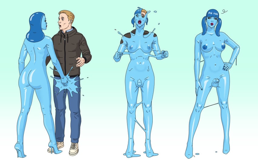 assimilation blue_hair blue_skin corruption feminization futanari futanari_transformation gender_transformation goo_girl goo_hair gooptg heeled_feet latex latex_transformation male_to_futa nail_polish nipples nude shiny_skin transformation transformation_sequence