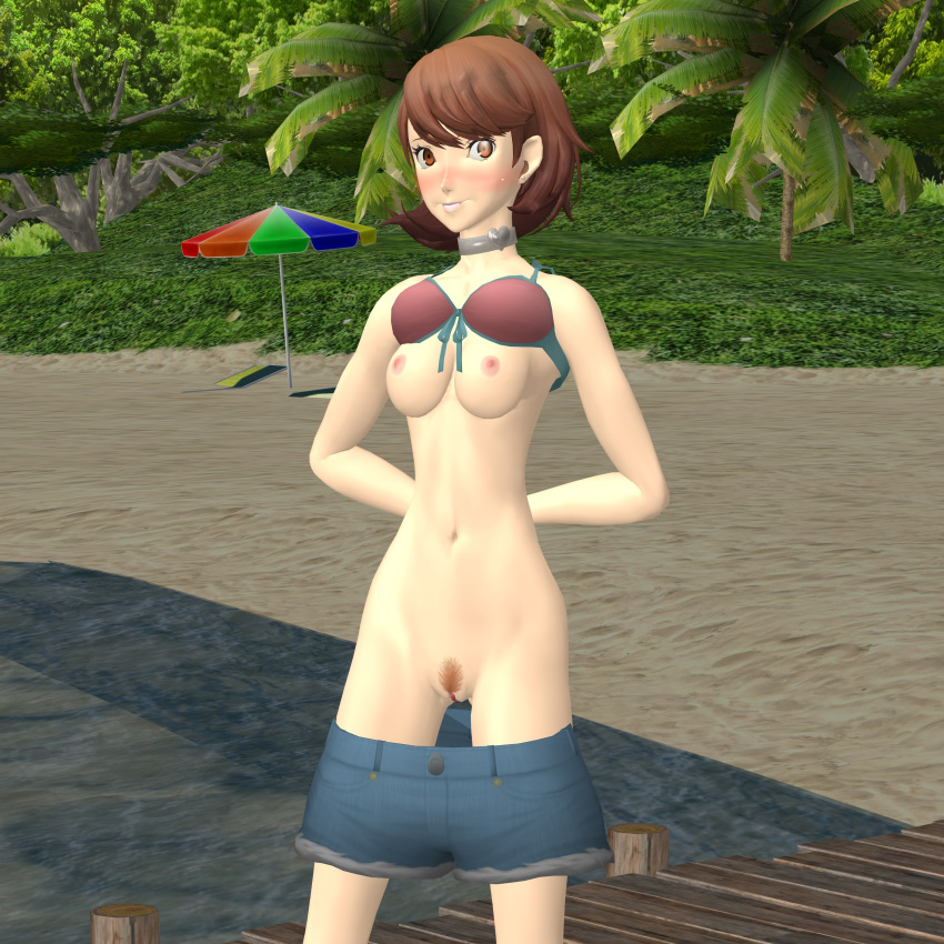 1girls atlus beach blush breasts nipples ofugh outdoors persona persona_3 pubic_hair pussy swimsuit undressing xnalara yukari_takeba