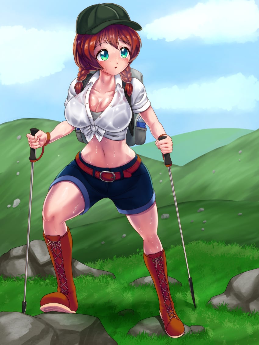 1girls bad_id bad_pixiv_id baiyasan11 blush boots breasts cleavage emma_verde freckles hat hiking large_breasts love_live! love_live!_nijigasaki_high_school_idol_club outdoors shorts sweat tied_shirt wet_shirt