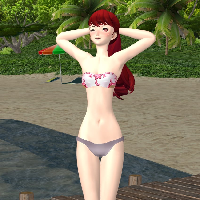 1girls atlus beach blush kasumi_yoshizawa ofugh outdoors persona persona_5 sumire_yoshizawa underwear xnalara