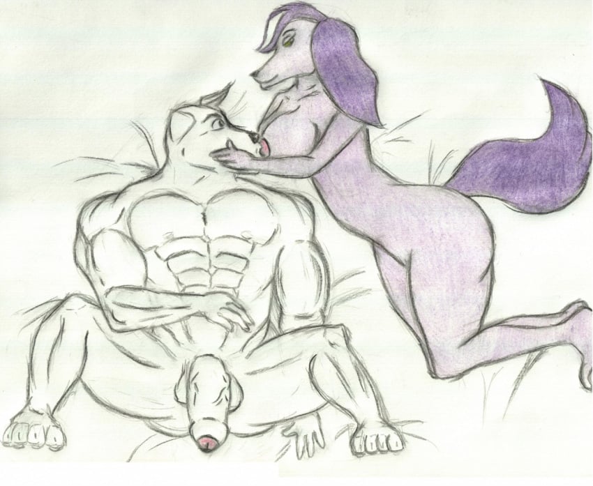 alternate_universe anthro anthrofied balls bed brainy_barker breastfeeding breasts canine crazycompany_(artist) female humanoid_penis husband_and_wife krypto krypto_the_superdog male mammal muscular nude pecs penis saluki straight traditional_media_(artwork)