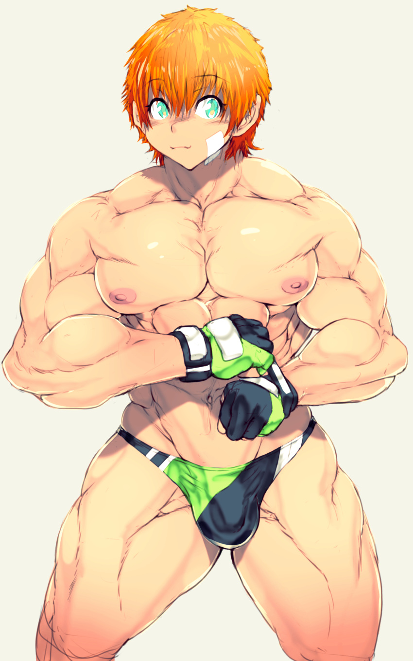 1boy abs ambush_(trap) androgynous aqua_eyes blush bulge femboy fingerless_gloves gloves human jin-jin looking_at_viewer male_only muscle muscular muscular_femboy muscular_trap navel nipples orange_hair pecs solo thick_thighs thong topless trap