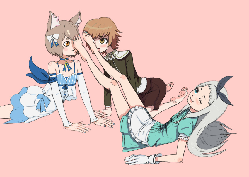 3boys blend_s canon_crossdressing cat_ears clothed cock-atrice crossover danganronpa feet feline felix_argyle femboy foot_fetish foot_lick foot_worship fujisaki_chihiro fully_clothed gay girly kanzaki_hideri long_hair long_toes male male_only multiple_boys re:zero_kara_hajimeru_isekai_seikatsu soles white_hair