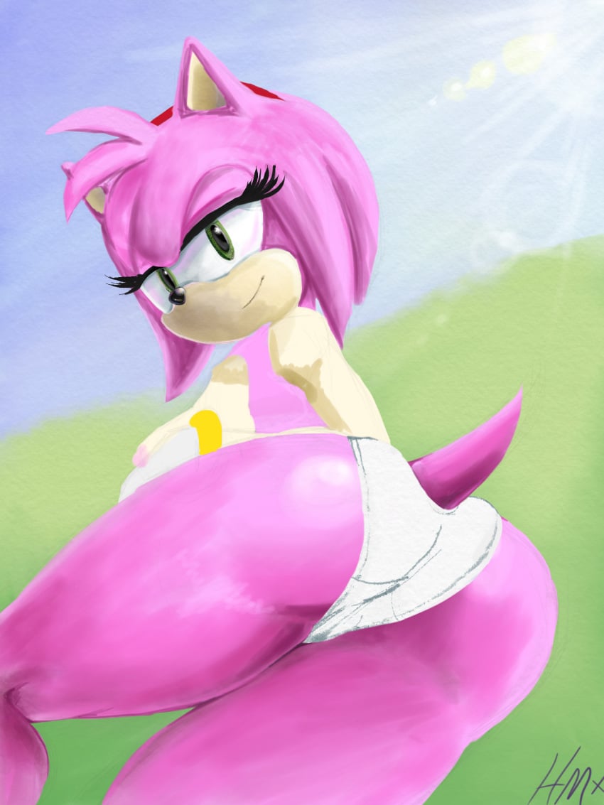 amy_rose anthro ass breasts color edit female female_only furry furry_only green_eyes hmx looking_at_viewer outdoors panties partially_clothed pink_hair short_hair solo sonic_(series) standing topless uncensored unfinished white_panties