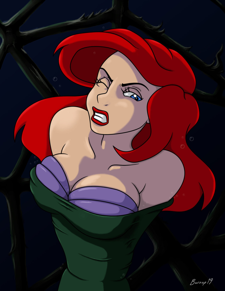 angry ariel bare_shoulders blue_eyes breasts burnup19 clenched_teeth disney disney_princess female female_only fish_girl large_breasts lips lipstick long_hair makeup mermaid monster_girl one_eye_closed open_mouth red_hair red_lipstick restrained solo strapless teeth the_little_mermaid underwater vore water wince