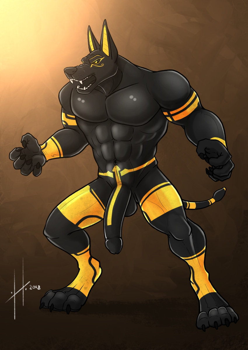 2018 5_fingers abs anthro anubian_jackal balls biceps black_balls black_claws black_nose black_penis black_tail canine claws eye_markings eyebrows front_view hufnaar jackal long_ears male male_only mammal markings multicolored_tail muscular muscular_male nude open_mouth pecs penis rubber solo standing teeth thick_thighs tongue triceps wawik yellow_eyes yellow_markings yellow_tail