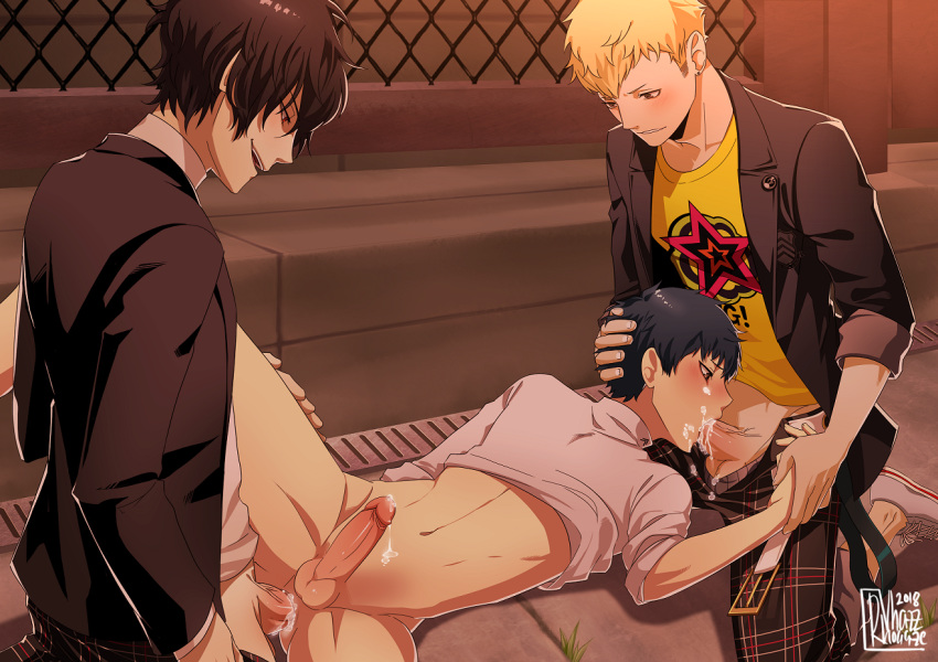 3boys anal atlus belt black_hair blonde_hair blush bottomless color cum cum_in_mouth cumdrip drooling erection evil_grin fellatio gay grin group_sex leg_lift male male_only megami_tensei multiple_boys naughty_face outdoors penis persona persona_5 red_hair ren_amamiya ryuji_sakamoto saliva school_uniform sex shin_megami_tensei spitroast sucking teeth threesome thrusting uncensored vhazz yaoi yuuki_mishima