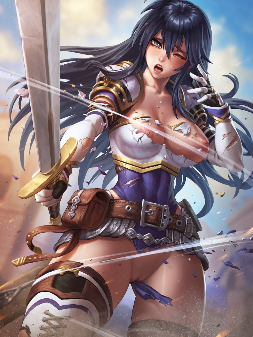 armor ayra_(fire_emblem) black_hair breasts clothing female fire_emblem fire_emblem:_genealogy_of_the_holy_war long_hair nipples open_mouth pussy sefuart thighhighs torn_clothes uncensored