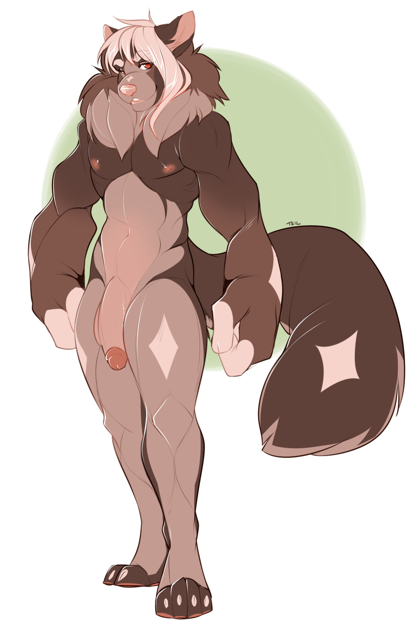 anthro balls big_penis canine flaccid hi_res humanoid_penis male male_only mammal muscular nude penis smile solo standing teil