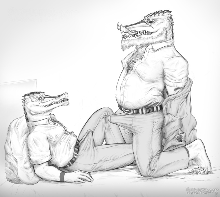 beard bed bulge clothed clothing crocodile crocodilian erection facial_hair graventhax hairy incest male nipples old reptile scalie slightly_chubby yaoi