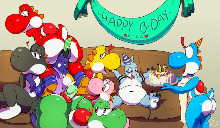 2018 alfa_quinto_(character) apron ass black_yoshi cake clodoval_(character) clothing cyan_yoshi digimon dragonxpyro fan_character fellatio food green_yoshi heart indoors looking_at_another male mario_(series) multiple_boys nintendo oral penis pink_yoshi red_yoshi sex sitting sofa tail text video_games yaoi yellow_yoshi yoshi